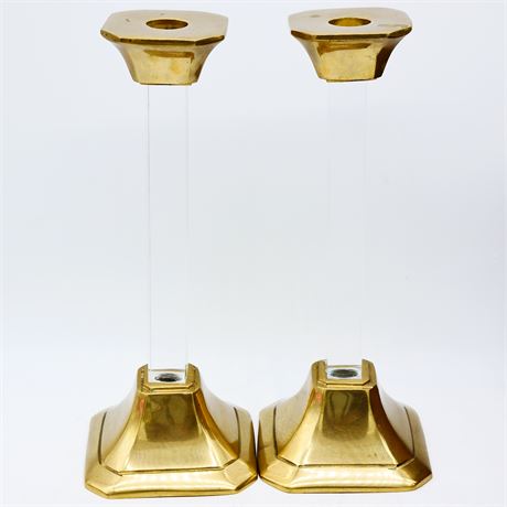 Brass Candlestick with Clear Plastic Middle (Set of 2)