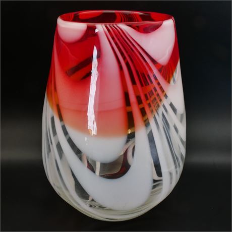 Clear and Red Glass Vase with White Stripes
