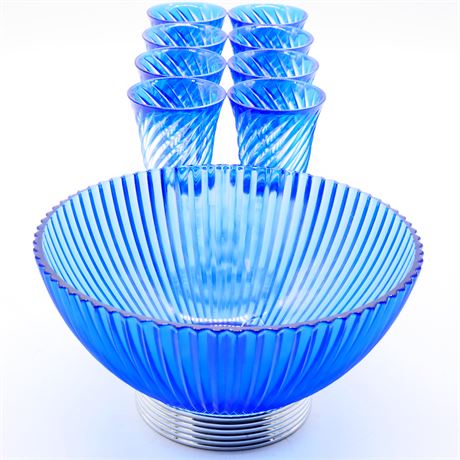 Blue Swirl Crystal Cups and Bowl