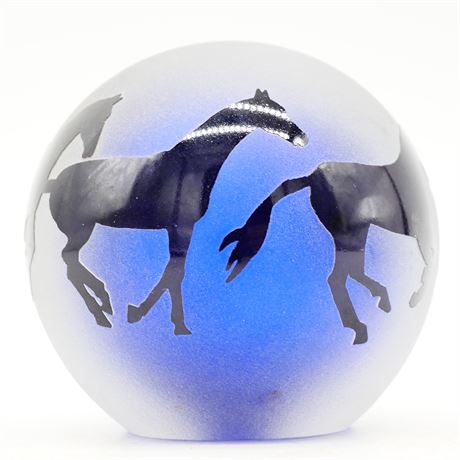 Frosted Blue Glass Ball with Horses