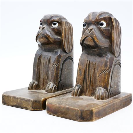 Carved Wood Dog Bookends