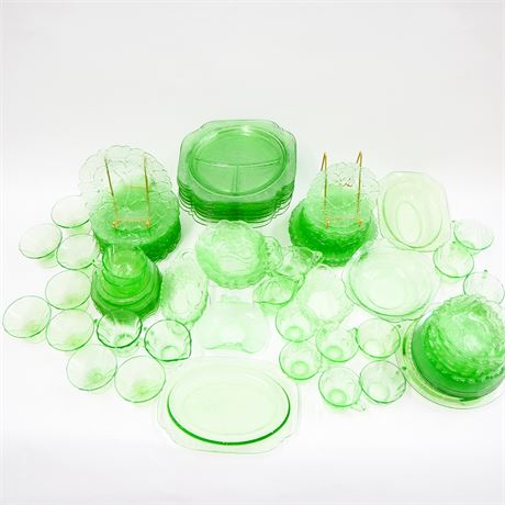 Large Assortment of Green Glass Tableware - Vaseline Glass (Total of 120)