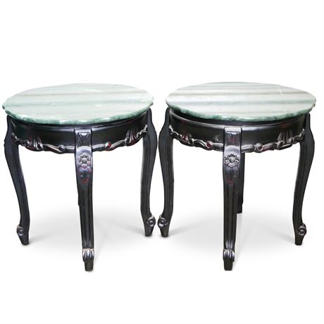 Round Side Tables w/Green Marble Top (Set of 2)