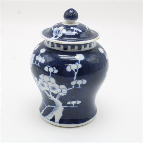 Blue & White Cherry Blossom Porcelain Temple Jar