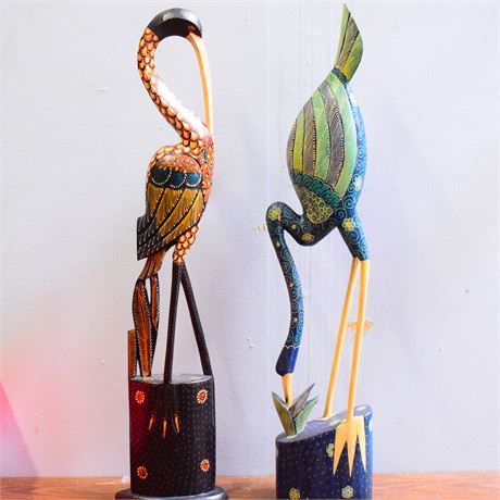 Large 31" Tall Pair of Hand Carved And Painted Crane Statues