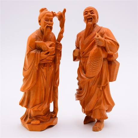 Set of 2 Asian Style Hand Carved Wood Statues of Two Wise Old Men