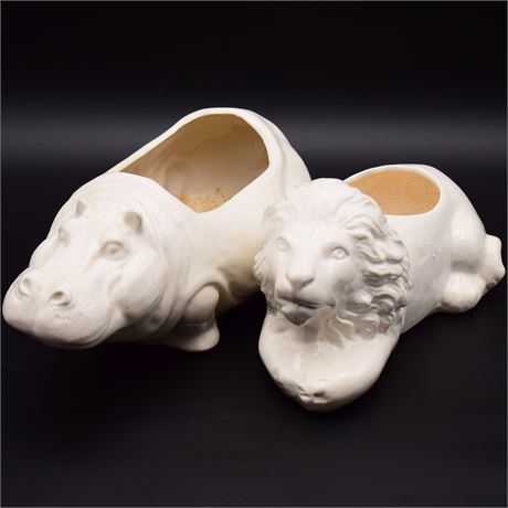 Lion and Hippo Ceramic Planter Set of 2