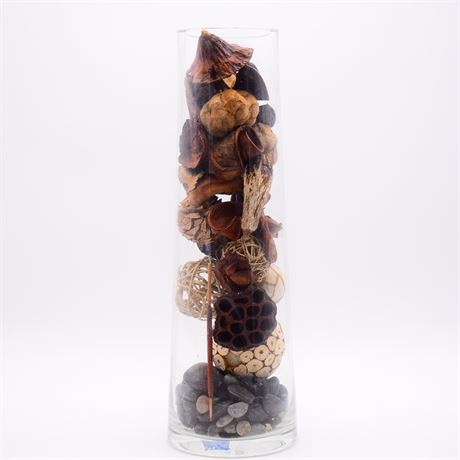 Large Glass Vase with Seed Pods and Pine Cones