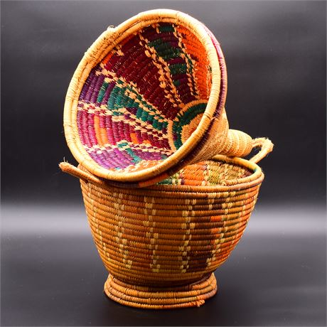 African Style Woven Basket With Dyed Strands