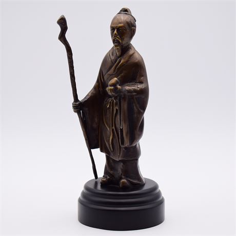 Asian Style Wise Man With Walking Stick Bronze Statue