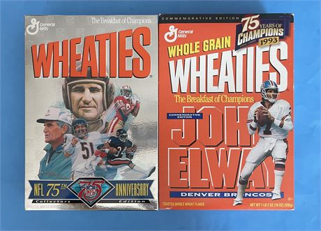 NFL 75th Anniversary Commemorative Box & John Elway Wheaties Boxes Lot (2)