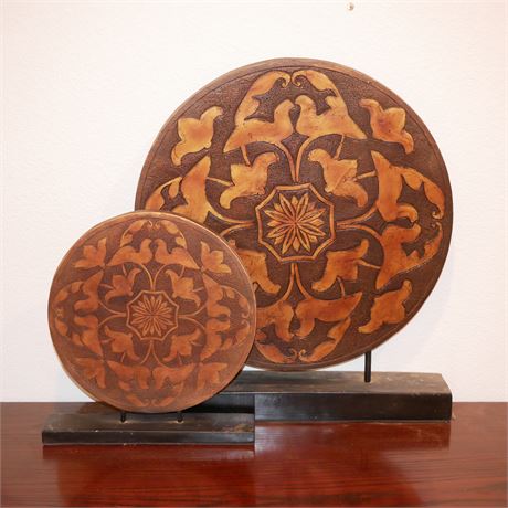 Pair of Decorative Engraved Round Medallion on Stand