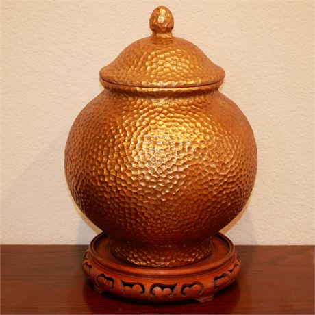 Textured Decorative Gold-Tone Jar w/Lid & Stand
