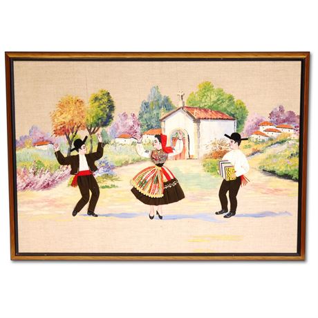 Large Original Mixed Media Painting on Fabric ft Portuguese Folk Dancers