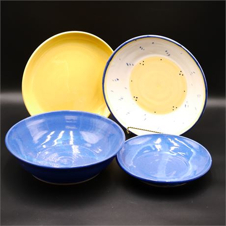 Blue & Yellow Ceramic Serving Bowls/Platters (Total of 4)