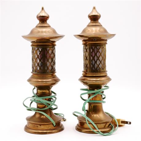 Pair of Brass Lantern-Style Table Lamps w/Red Bulbs