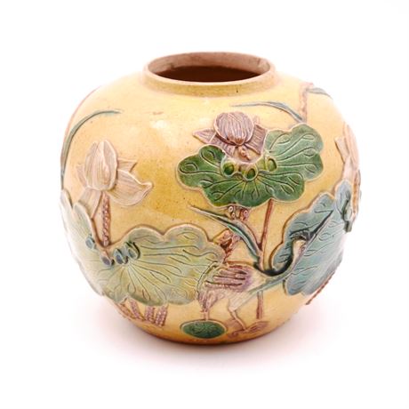 Ceramic Bud Vase w/Raised Water Lily & Crane Design