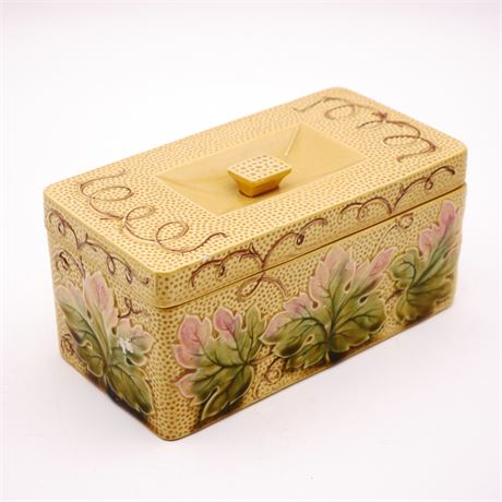 Yellow Ceramic Lidded Box w/Dots & Leaves