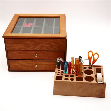 Assorted Tools in Wooden Jewelry Box