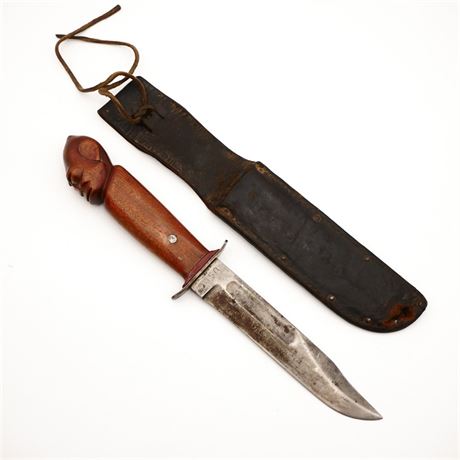 KA-BAR USMC Knife w/Carved Figural Wooden Handle & Leather Sheath