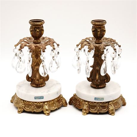 Hollywood Regency-Style Brass Candle Holders with Crystals and Marble Bases