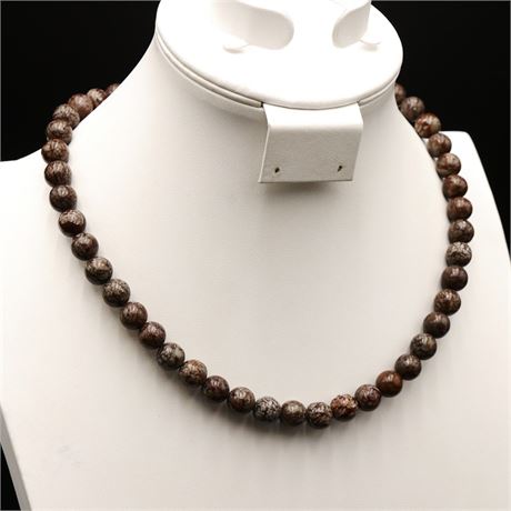Imitation Panther Jasper Bead Necklace w/925 Sterling Silver Clasp