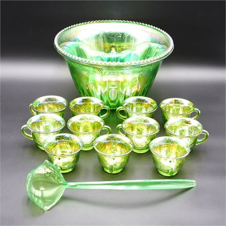 Indiana Glass Co. Green Carnival Glass Iridescent Punch Bowl Set