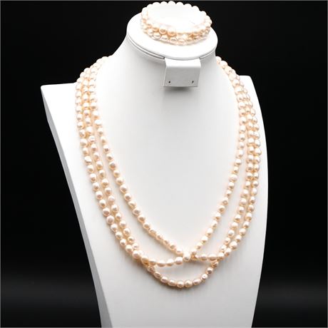 Extra Long 78" Freshwater Pearl Necklace & 2 Stretch Bracelets