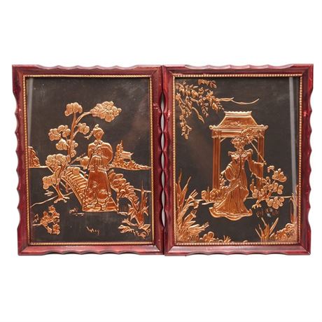 Pair of Copper Relief Embossed Asian Style Artwork