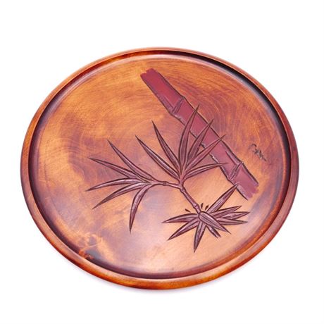 Round Wooden Tray w/Carved Bamboo Design