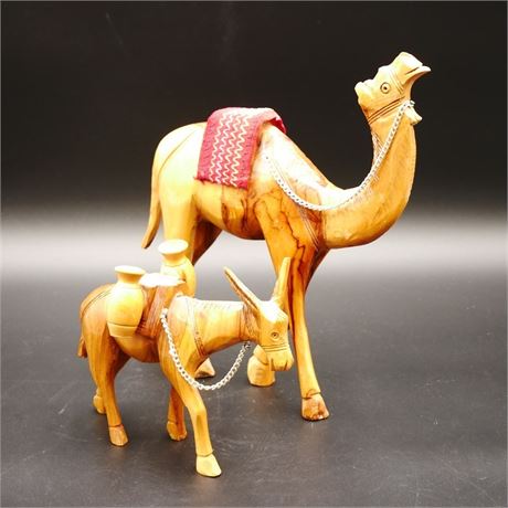 Pair of Hand-Carved Wooden Camel and Donkey Figurines