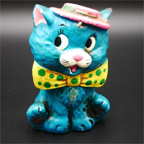 Napco Blue Cat w/Polka Dot Bowtie Coin Bank Figurine
