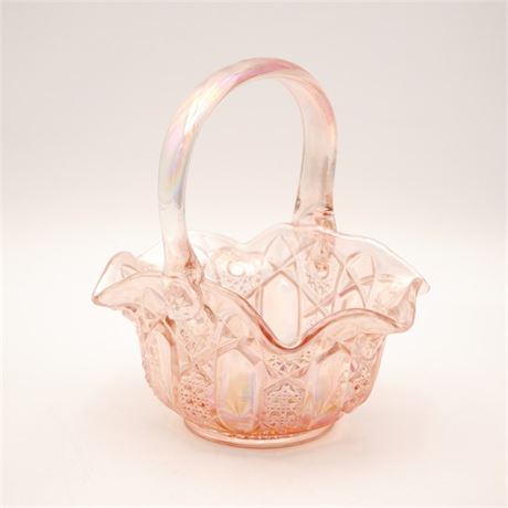 Pink Iridescent Carnival Glass Basket