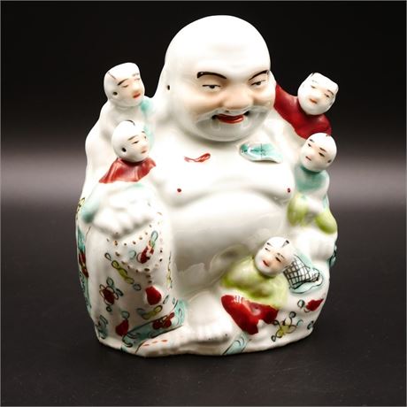 Laughing Buddha w/Climbing Children Ceramic Sculpture