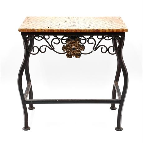 Rustic Wrought Iron and Wicker Side Table