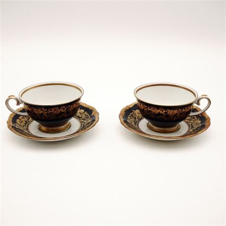 Pair of Royal Denmark Echt Kobalt Porcelain Teacups and Saucers