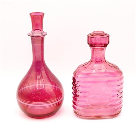 Set of 2 Cranberry Glass Decanters