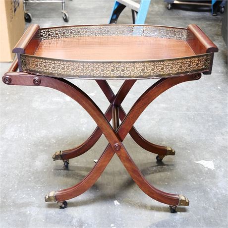 Extra Large Mahogany & Brass Butler's Serving Tray with Folding Cart