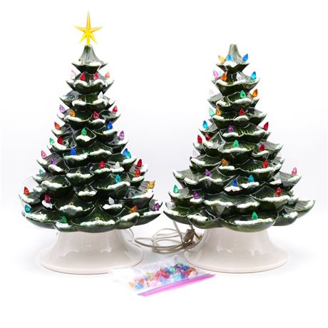 Set of 2 Extra Large Light-Up Ceramic Christmas Trees