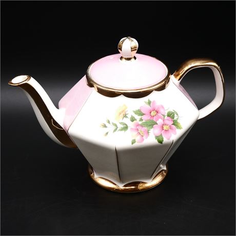 Gibsons England Pink and White Gilded Teapot with Floral Decorations
