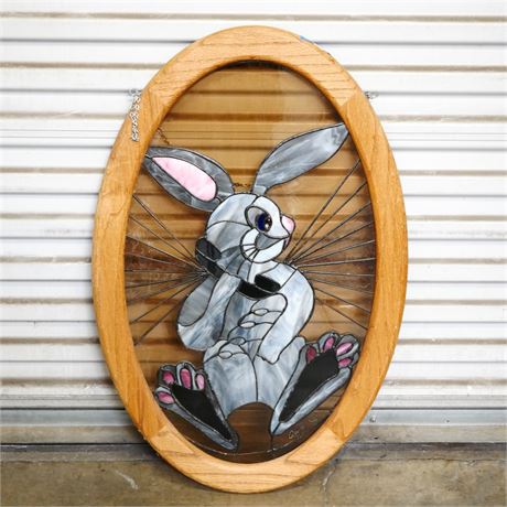 Stained Glass Sun Catcher with Cartoon Rabbit Answering a Telephone