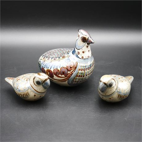 Tonala-Style Ceramic Quail Family (Total of 3)