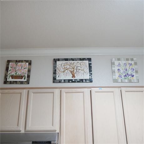 Set of 3 Ceramic Tile Wall Art w/Flowering Tree & Flowers