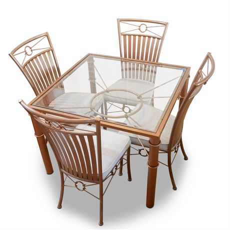 Square Glass & Metal Dining Table & 4 Chairs w/Copper-Tone Finish