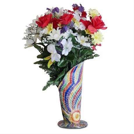 Ornate Ceramic Rainbow Vase with Colorful Plastic Flowers