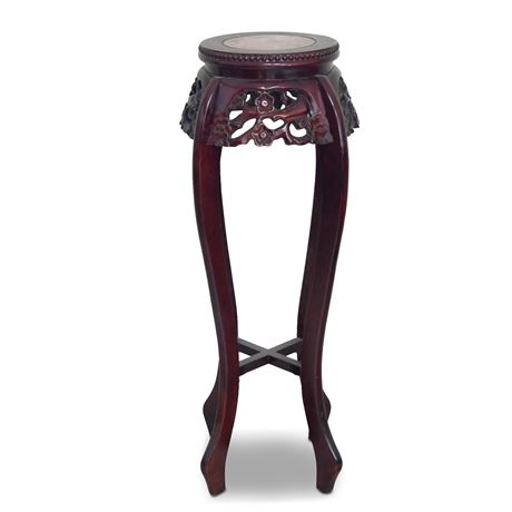 Ornate Carved Rosewood Side Table with Stone Inlay