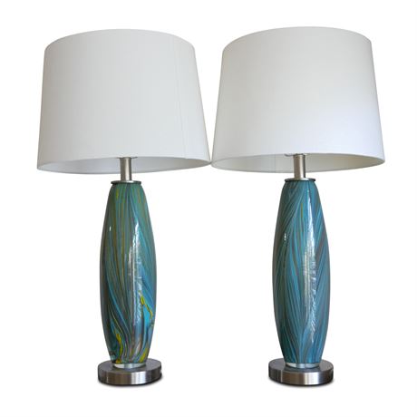 Pair of Blue Glass Swirl Vase Lamps