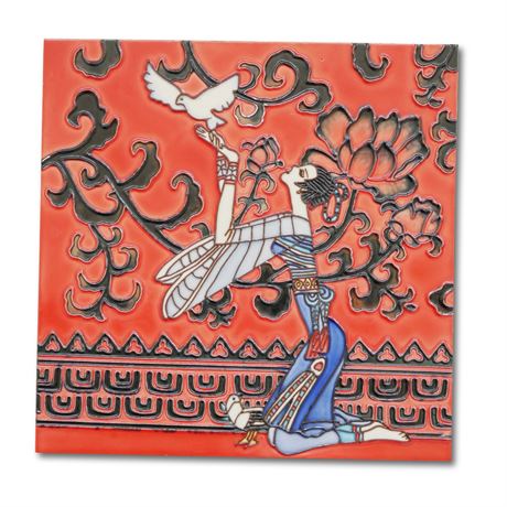 Ceramic Tile Wall Art of a Japanese Geisha with Doves